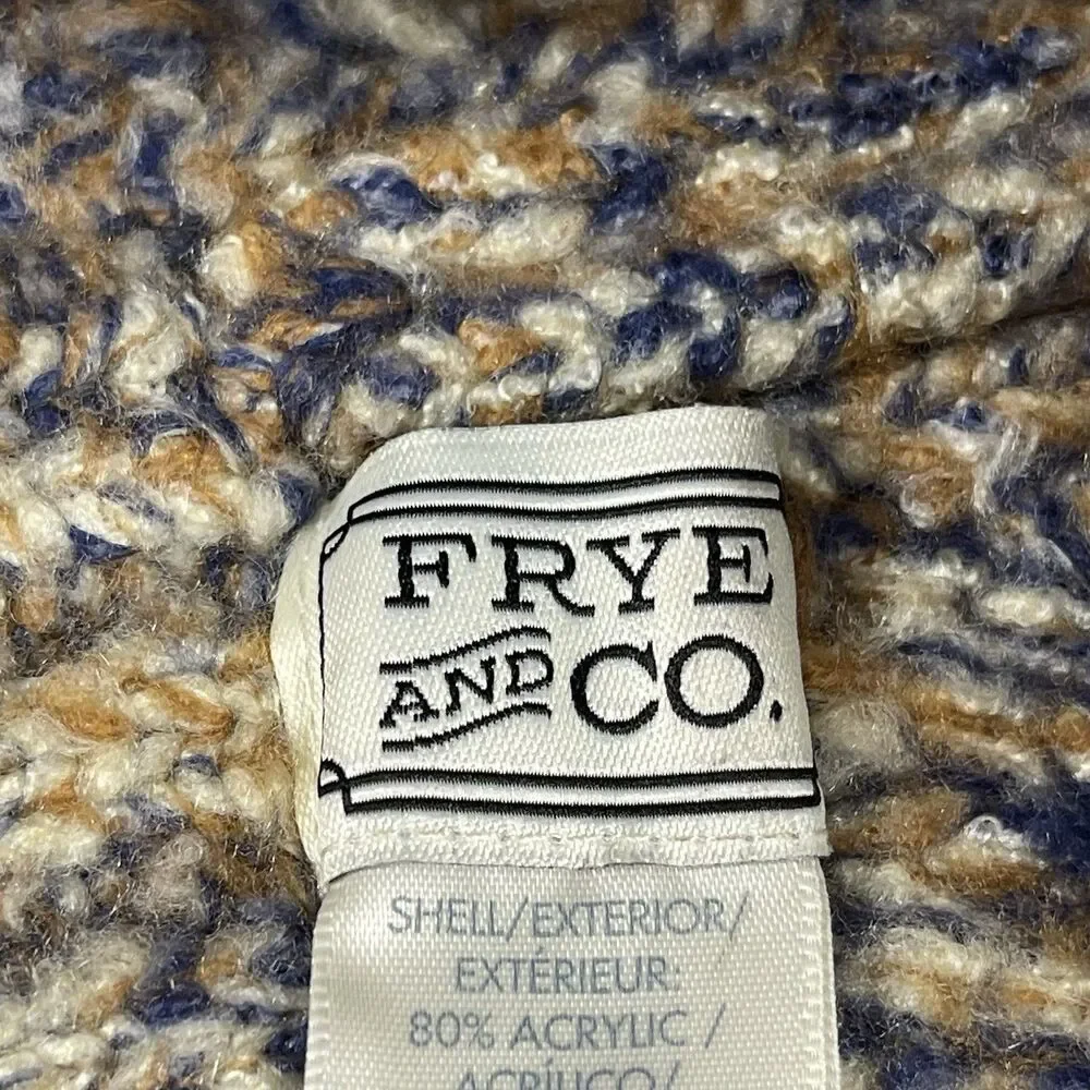 Frye and Co. Marled Knit Beanie Hat Blue Brown Tan Faux Leather Logo Tab One Six